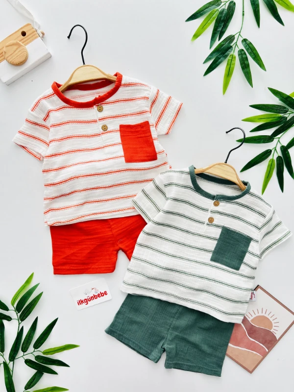 Düğmeli Çizgili 2’li Şortlu Takım
