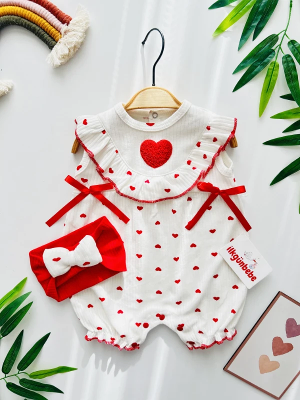 Minik Kalp Desenli Fiyonklu Bandanalı Tulum 