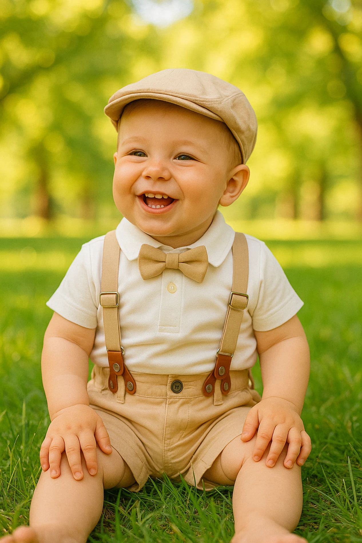 Askı Kemerli Şapkalı Papyonlu Likralı Şort Polo Yaka Badi 5li Yazlık Erkek Bebek Takım