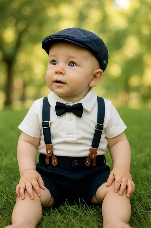 Askı Kemerli Şapkalı Papyonlu Likralı Şort Polo Yaka Badi 5li Yazlık Erkek Bebek Takım