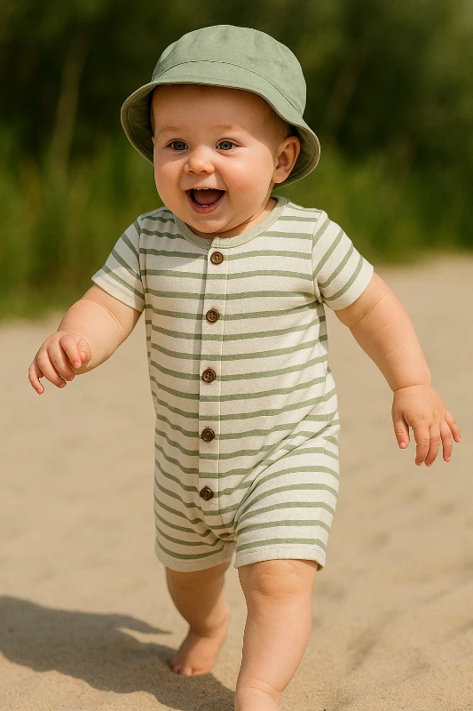 Çizgili Desenli %100 Pamuk Yazlık Tulum Bucket Şapkalı Set