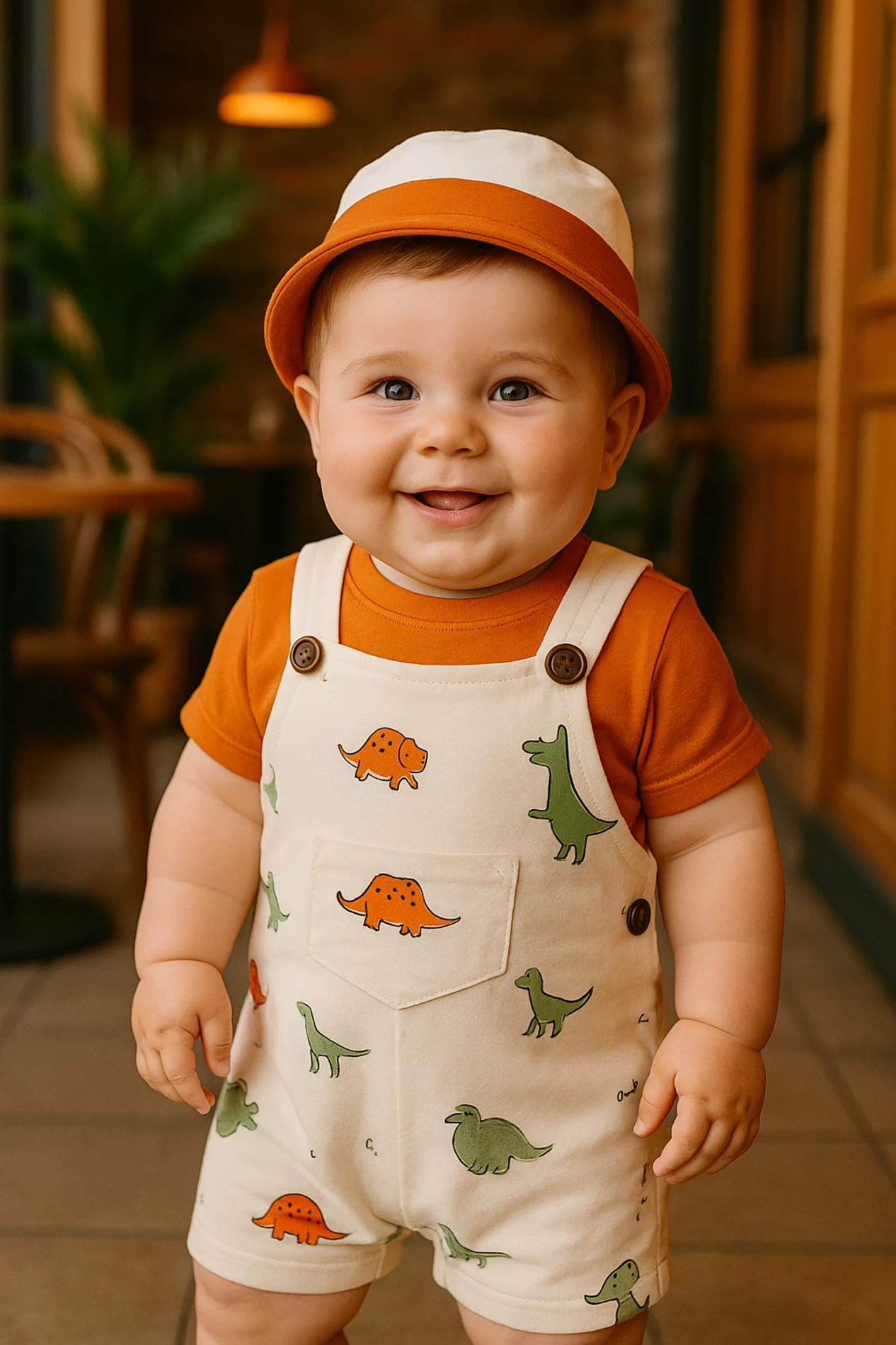 Dino Animals Bucket Şapkalı %100 Pamuk  Kumaşlı Tişörtlü Salopetli 3’lü Takım