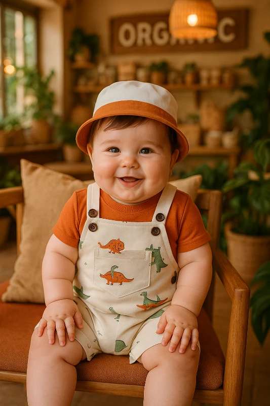 Dino Animals Bucket Şapkalı %100 Pamuk  Kumaşlı Tişörtlü Salopetli 3’lü Takım