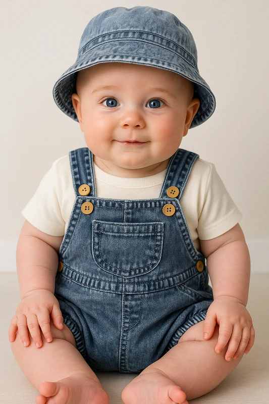 Likralı Yumuşacık Kot Salopetli Bucket Şapkalı  Tişörtlü 3’li Takım