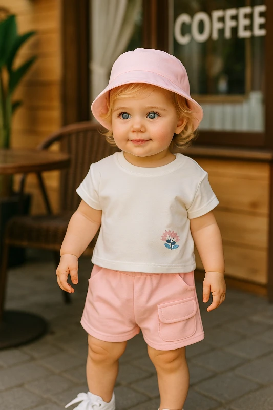 Çiçek Nakışlı Şapkalı Yazlık Kız Bebek Takım