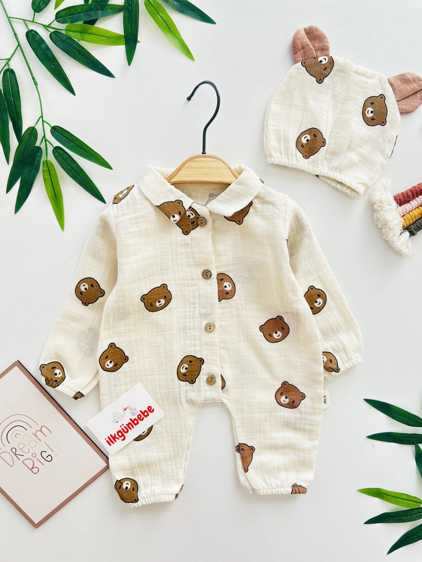 Teddy Pamuklu Müslin Unisex Bebek Ayıcıklı Tulum