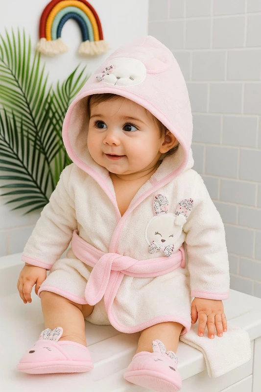 4 Parça Bornozlu Havlulu %100 Pamuk Organik Set