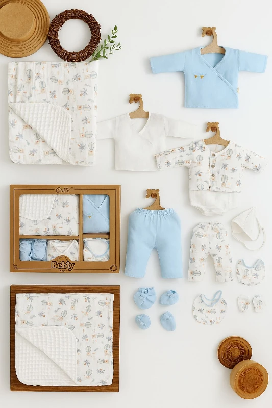 Lui Pamuklu Müslin Kumaş Uçan Balon Figürlü 10Lu Yenidoğan Hastane Çıkış Seti