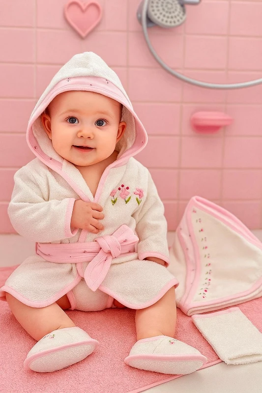 Çiçek Desenli %100 Pamuk Organik Kumaş Havlulu Terlikli Bornoz Seti