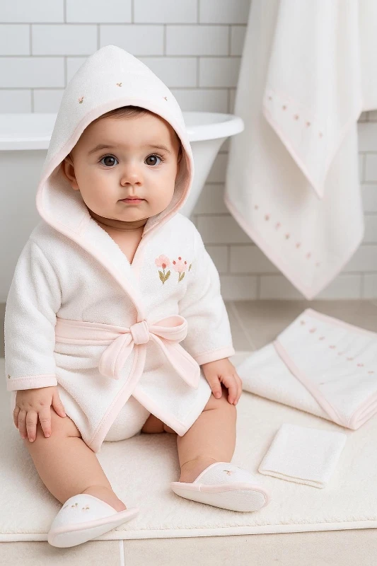 Çiçek Desenli %100 Pamuk Organik Kumaş Havlulu Terlikli Bornoz Seti