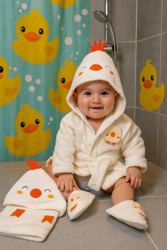 Ördek  %100 Pamuk Organik Terlikli 3 Parça Bornoz Seti