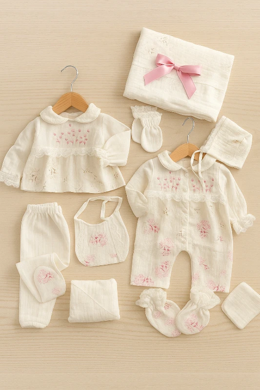 Müslin Kumaş Pamuklu Çiçek Nakışlı  Desenli Yenidoğan  10Lu Hastane Çıkış Seti 