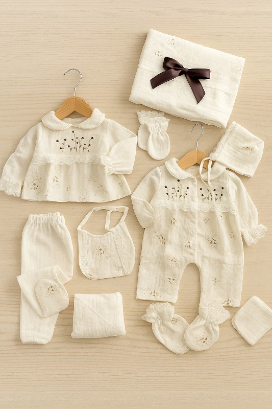 Müslin Kumaş Pamuklu Çiçek Nakışlı  Desenli Yenidoğan  10Lu Hastane Çıkış Seti 