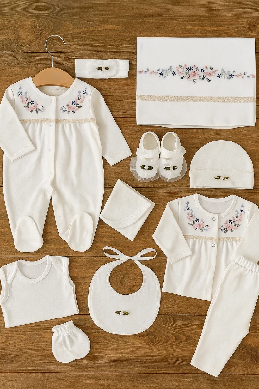 Çiçek Nakışlı    11 Parça %100 Pamuk Premium Kalite Yendioğan Hastane Çıkışı Seti