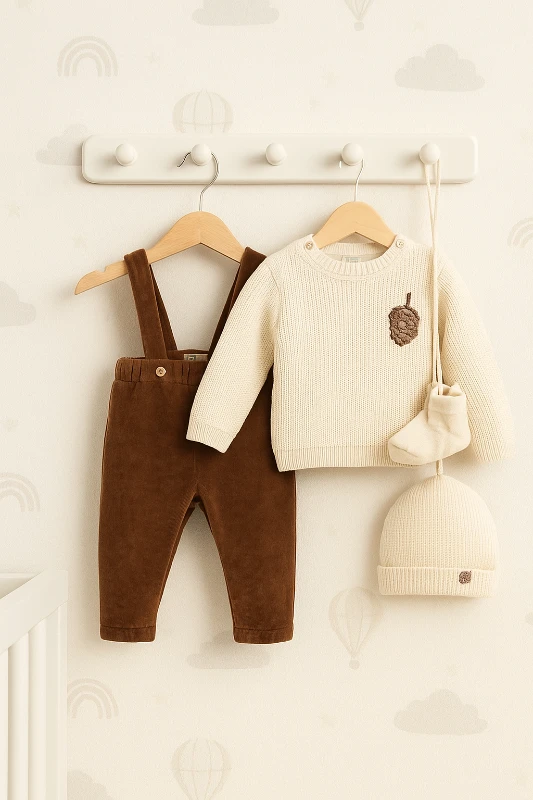 Oliver Premium Kadife Salopet Kazak Çorap Şapka Erkek Bebek Seti