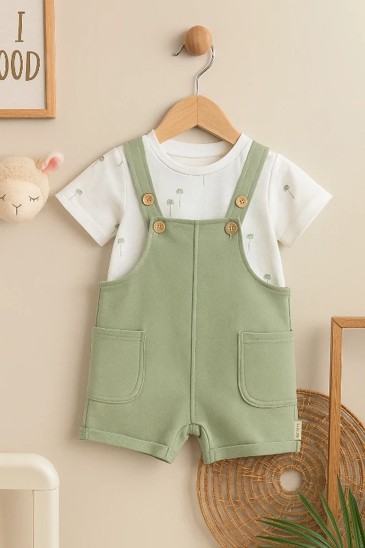 Salopet Palmiye Baskılı Omuzdan Çıtçıtlı Badi Yazlık Erkek Bebek Takım