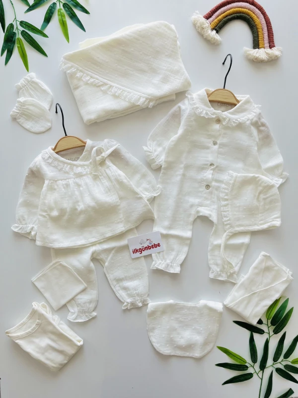 Müslin Kumaş Pamuklu Fisto Yaka Detaylı Premium Kalite 10 Parça Hastane Çıkış Seti