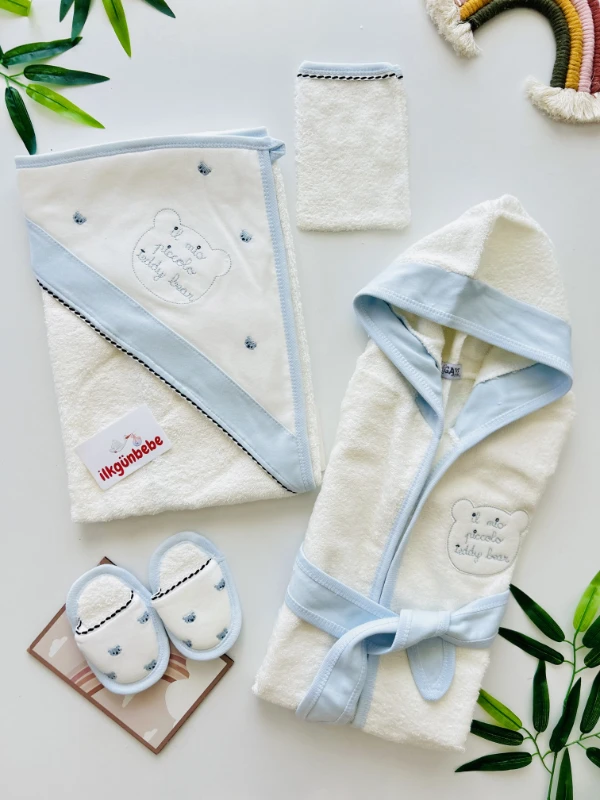 4 Parça Bornozlu Havlulu %100 Pamuk Organik Set