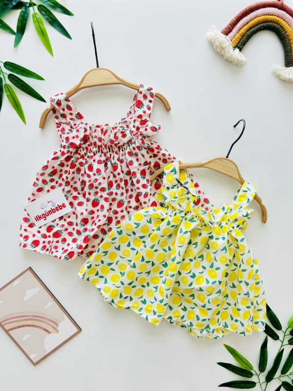 Meyve Temalı Askılı Lastikli Elbise