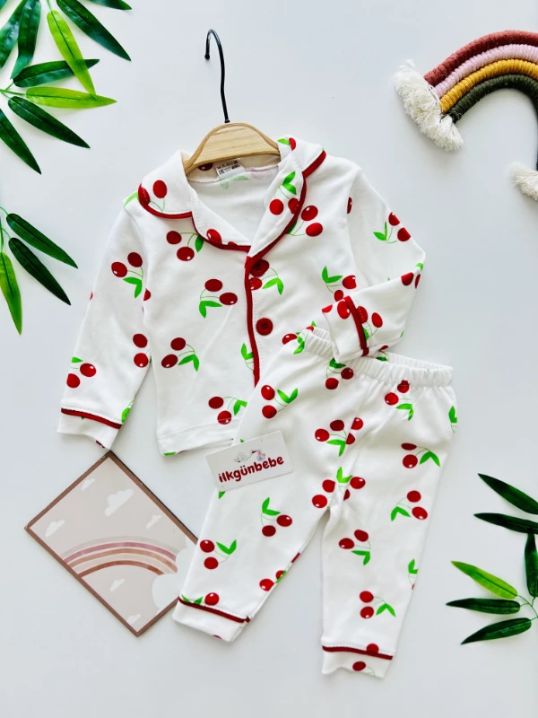 Kiraz Desenli %100 Pamuk Bebe Yakalı Pijama Takımı