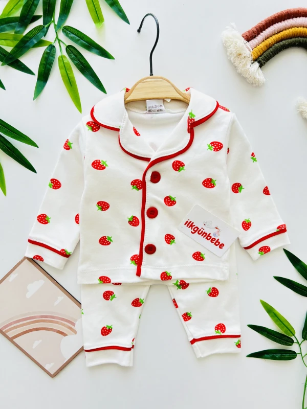 Çilek  Desenli %100 Pamuk Bebe Yakalı Pijama Takımı