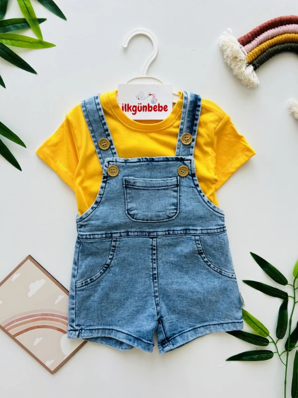 Likralı Yumuşacık Kot Salopetli Tişörtlü 2’li Takım