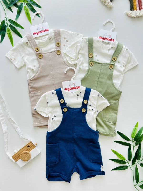 Salopet Palmiye Baskılı Omuzdan Çıtçıtlı Badi Yazlık Erkek Bebek Takım