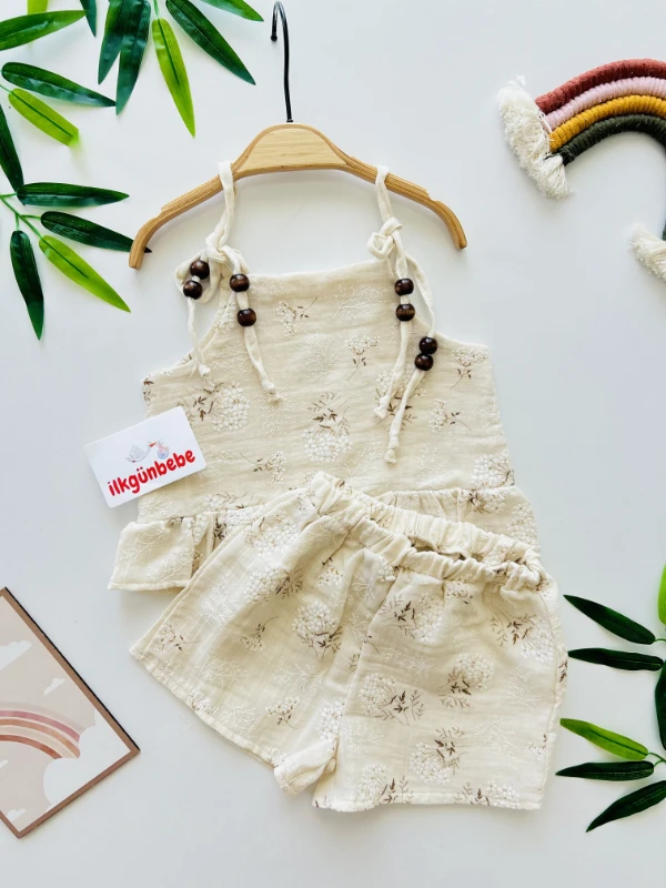 Boncuklu İp Askılı Çiçek Desenli  Müslin Takım