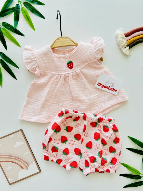 Çilek Nakış İşlemeli Müslin Kumaş 2’li Takım