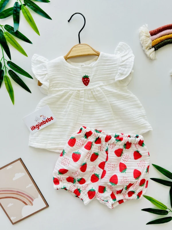 Çilek Nakış İşlemeli Müslin Kumaş 2’li Takım