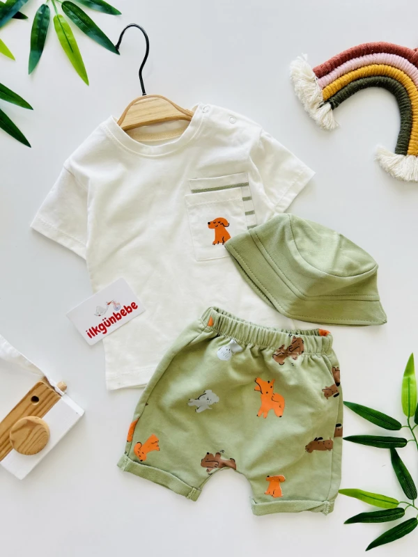 Little Köpek Desenli Bucket Şapkalı Şortlu 3’lü Takım