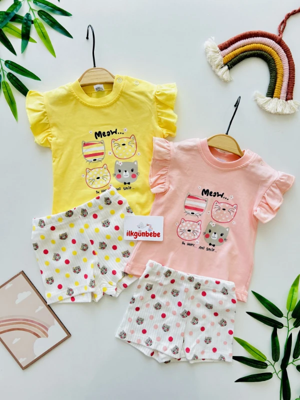 Be Happy And Smile Kedi Desenli Şortlu Tişört Takım