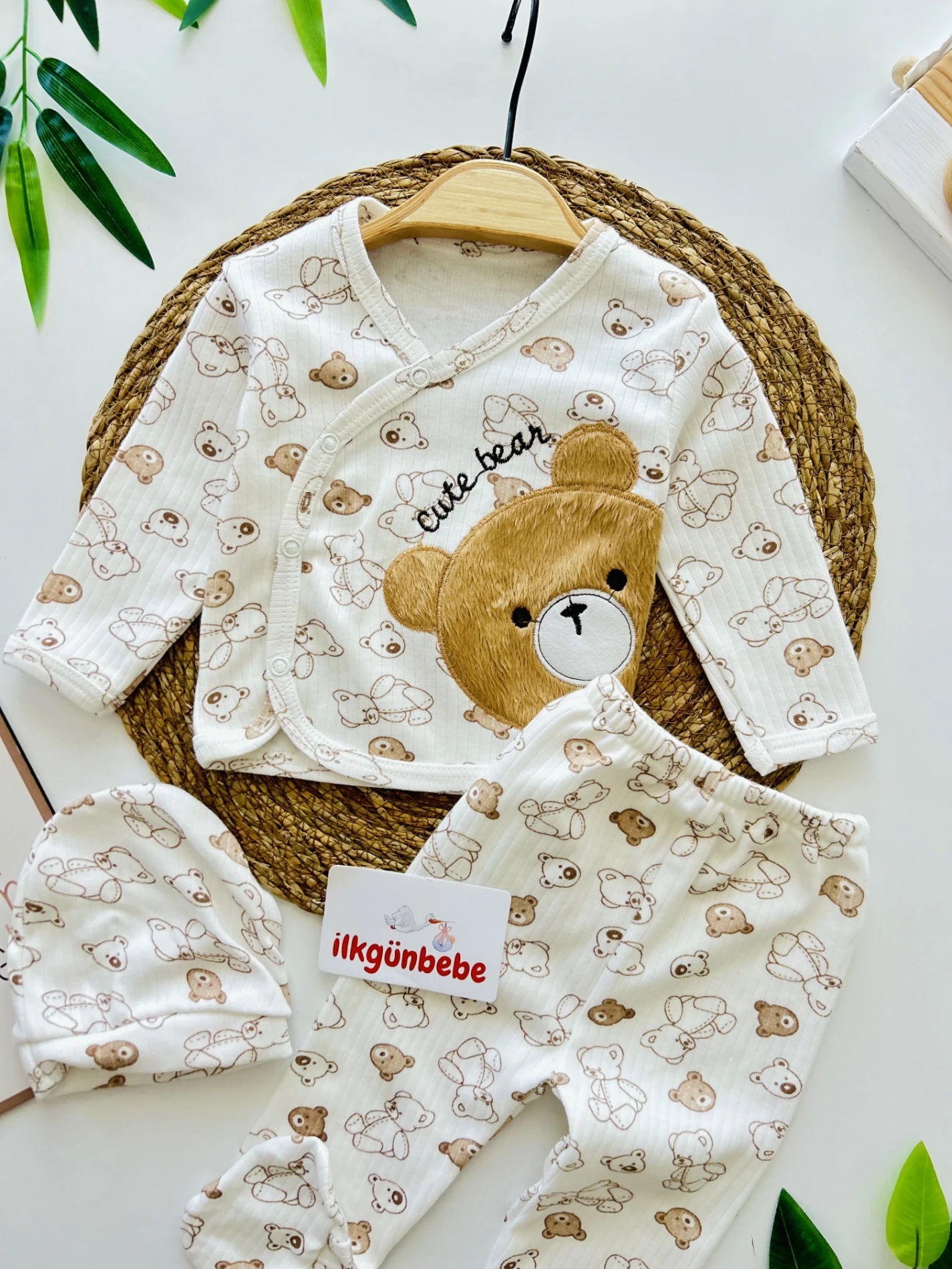 Cute Bear Çizgili 3 Parça %100 Pamuk Yenidoğan Hastane Çıkışı Seti
