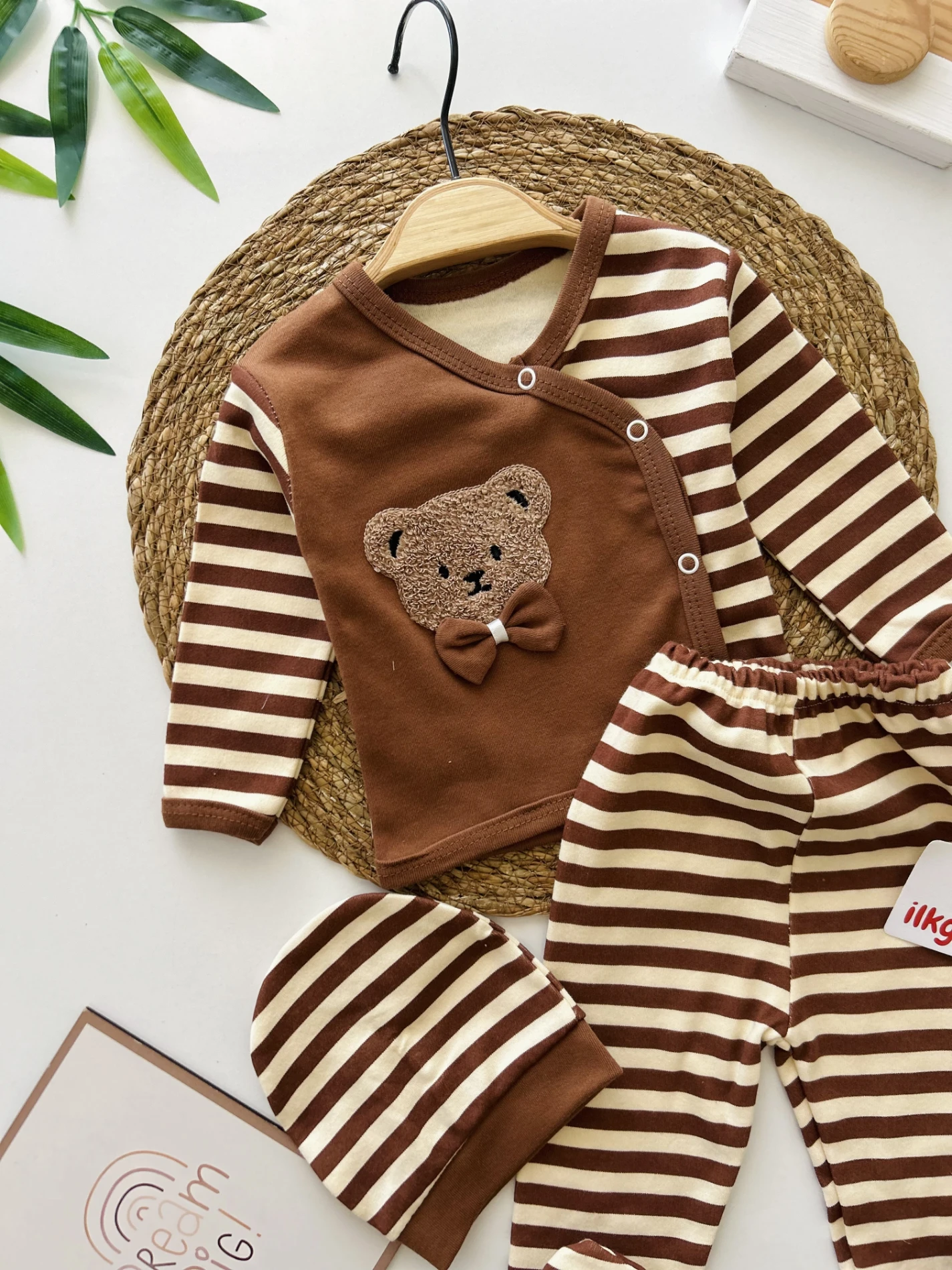 Teddy Bear Çizgili 3 Parça %100 Pamuk Yenidoğan Hastane Çıkışı Seti