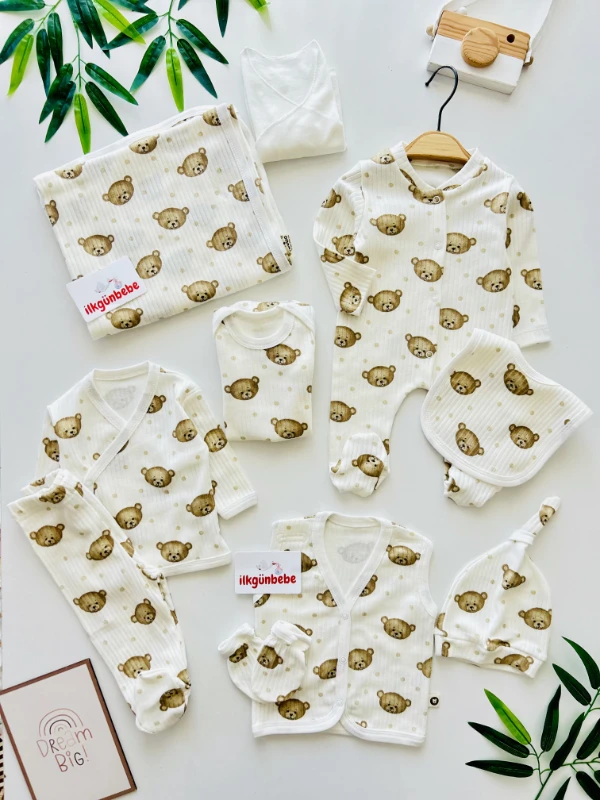 10 Parça %100 Pamuk Teddy Bear   Desenli Yenidoğan Hastane Çıkışı Seti