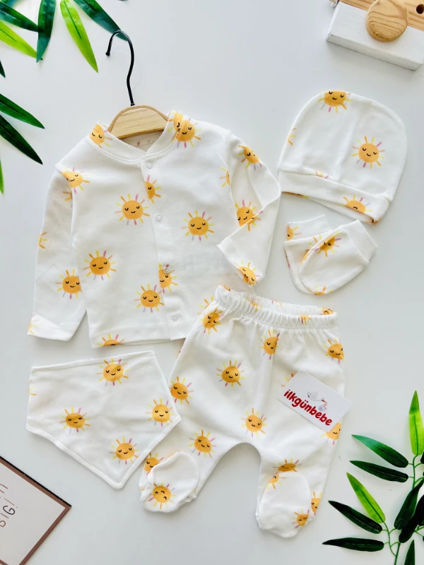  Güneş  Desenli  5 Parça %100 Pamuk  Unisex Yenidoğan Seti