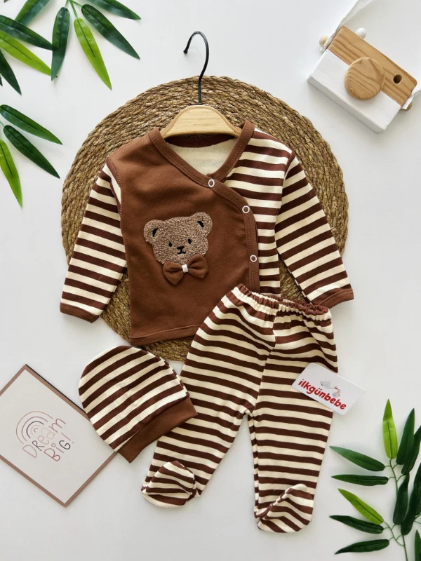 Teddy Bear Çizgili 3 Parça %100 Pamuk Yenidoğan Hastane Çıkışı Seti