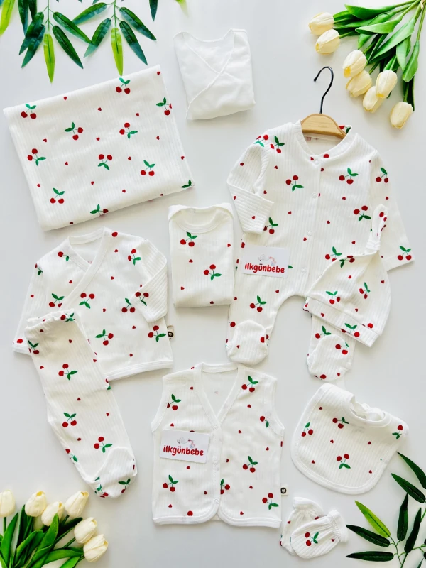 10 Parça %100 Pamuk Kiraz Desenli Yenidoğan Hastane Çıkışı Seti
