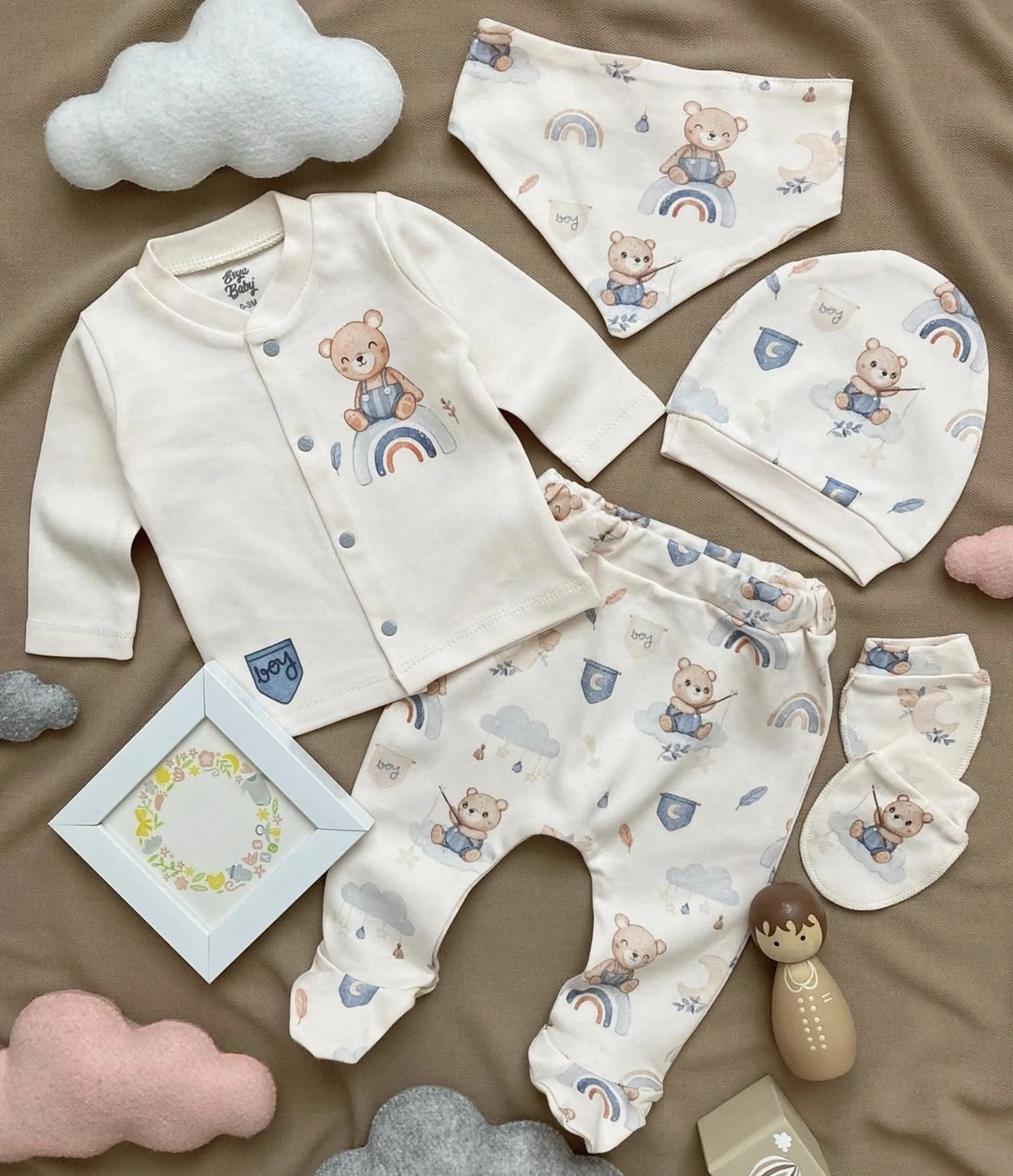 Sevimli Teddy Baskılı 5 Parça %100 Pamuk Yenidoğan Set