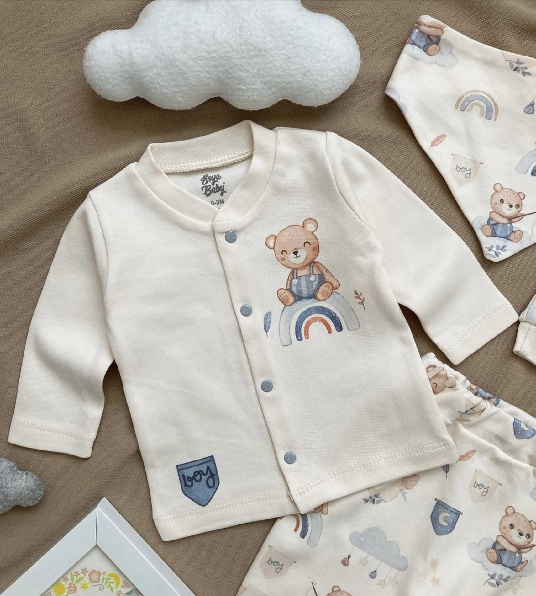 Sevimli Teddy Baskılı 5 Parça %100 Pamuk Yenidoğan Set