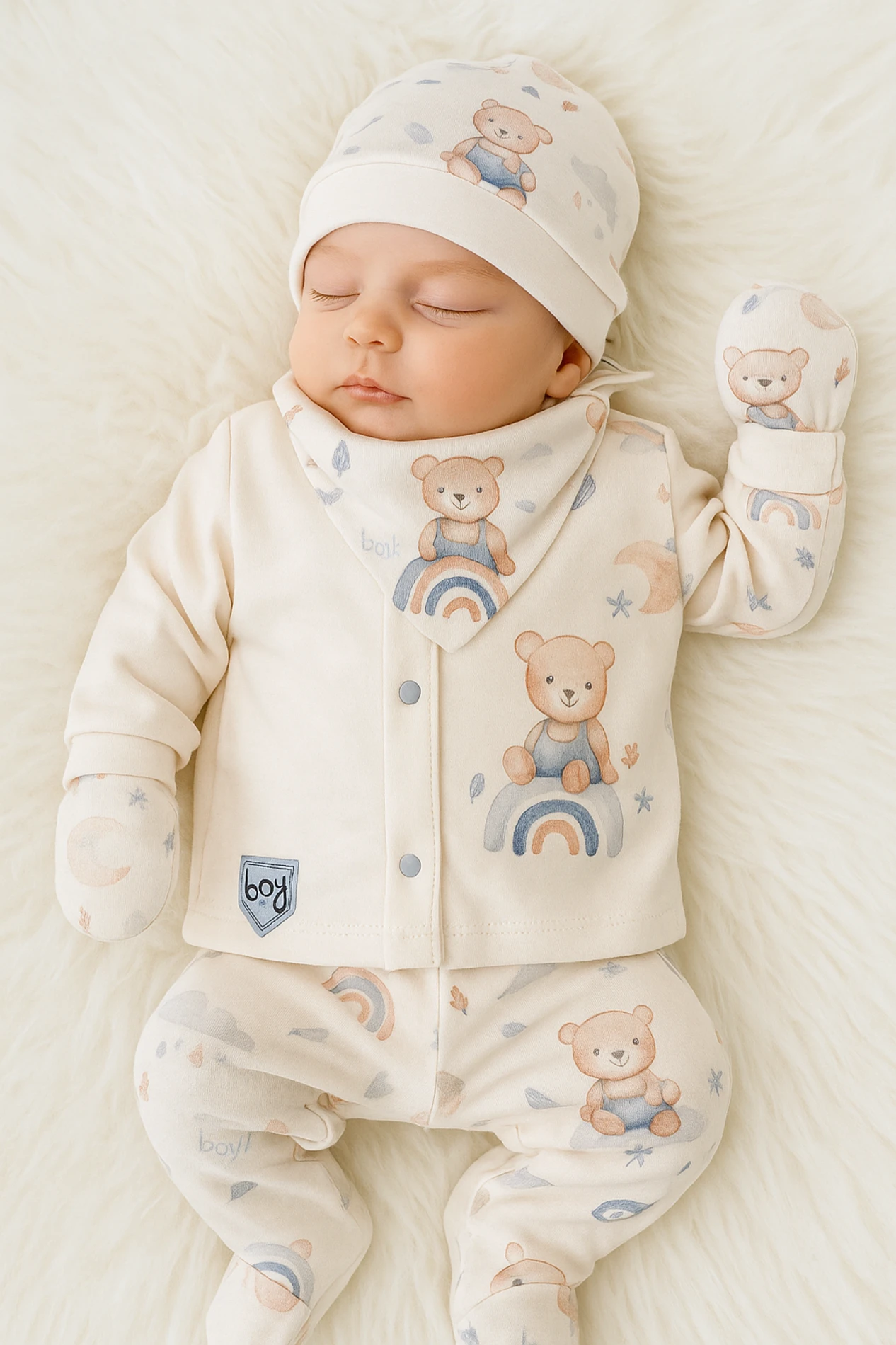 Sevimli Teddy Baskılı 5 Parça %100 Pamuk Yenidoğan Set