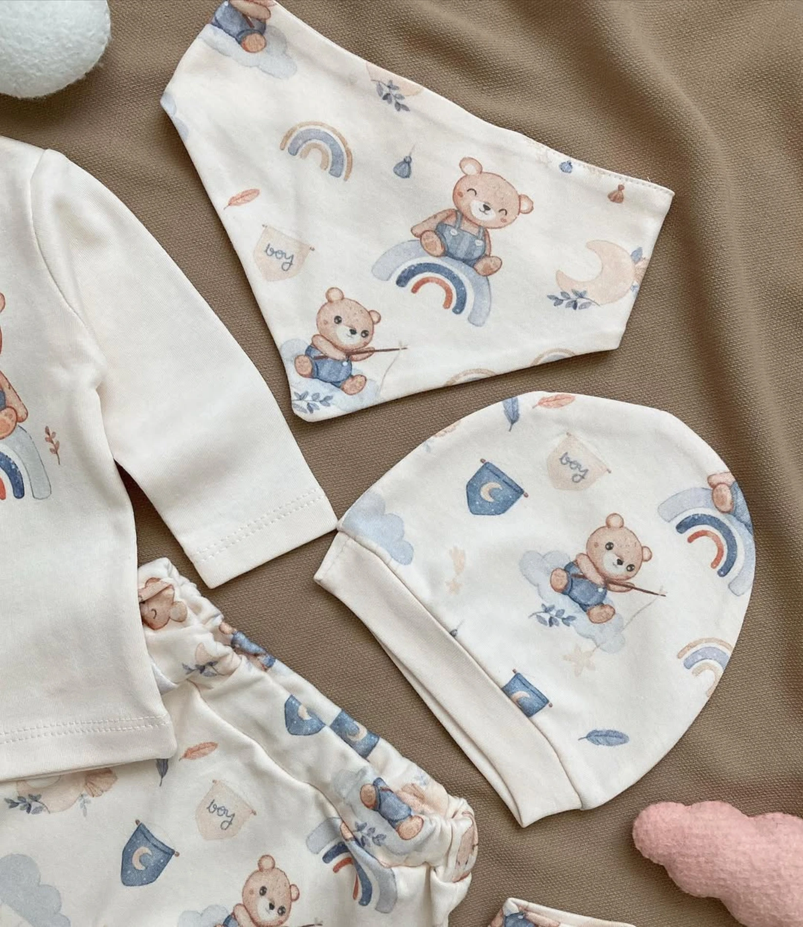 Sevimli Teddy Baskılı 5 Parça %100 Pamuk Yenidoğan Set
