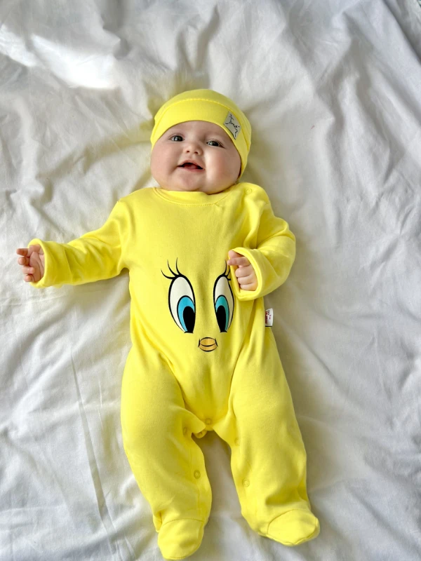 Tweety desenli %100 Pamuk Şapkalı Unisex Tulum Set