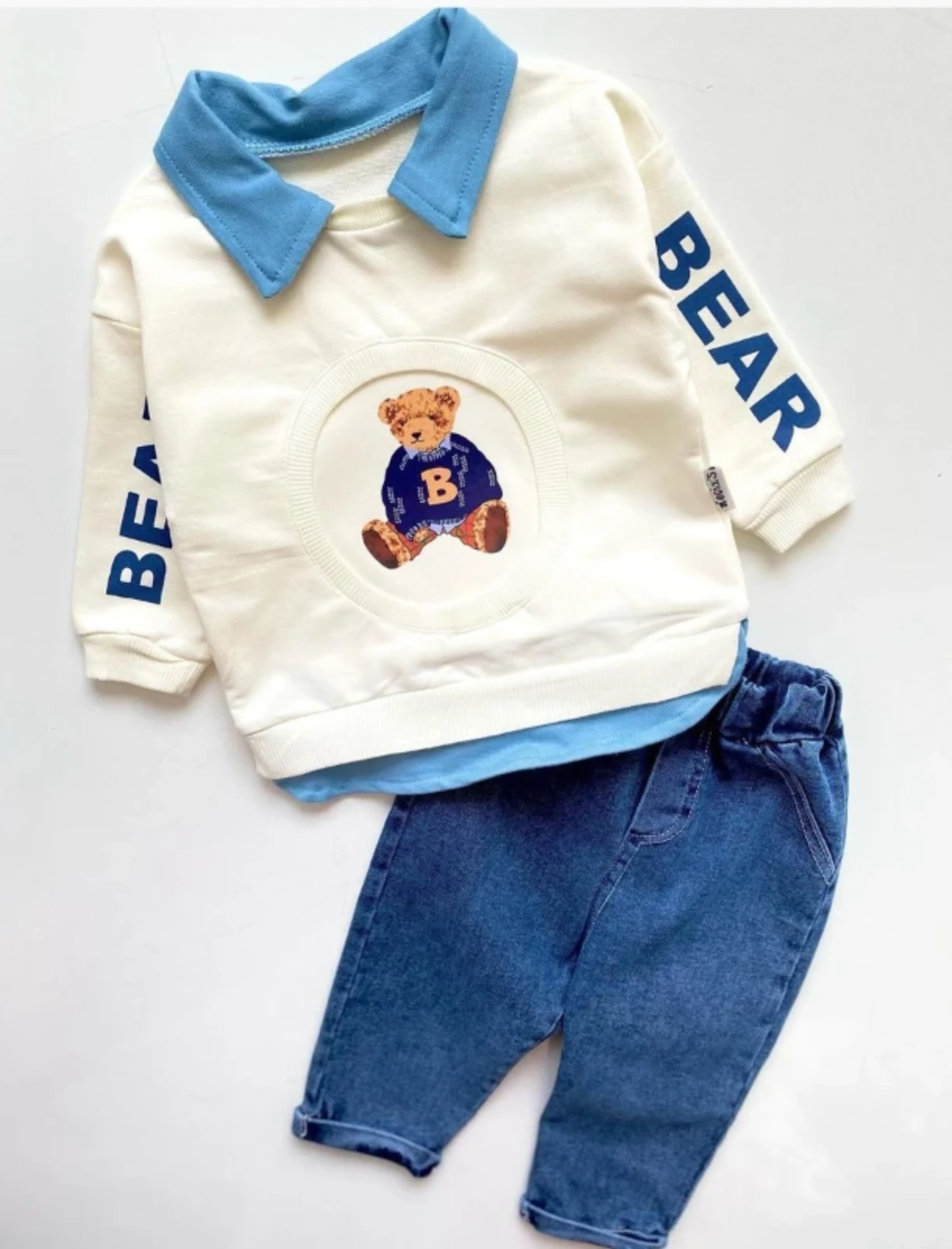 Bear Baskılı Lacos Yakalı Kot Pantalonlu Şık Tarz Takım