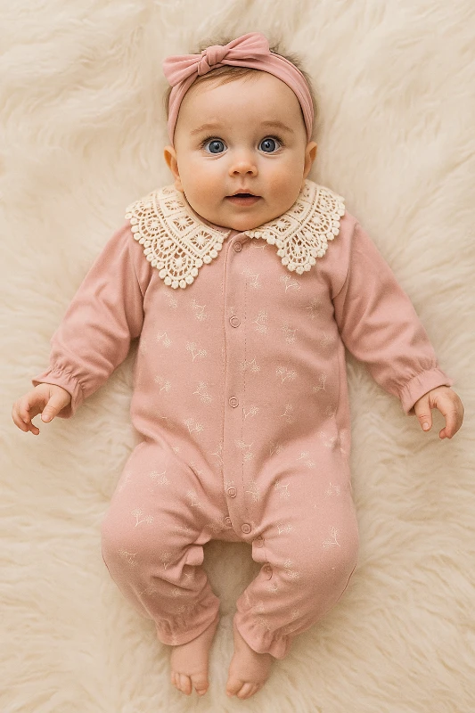 Fisto Yaka Detaylı Dal Desenli %100 Pamuk Bandanalı Tulum Set