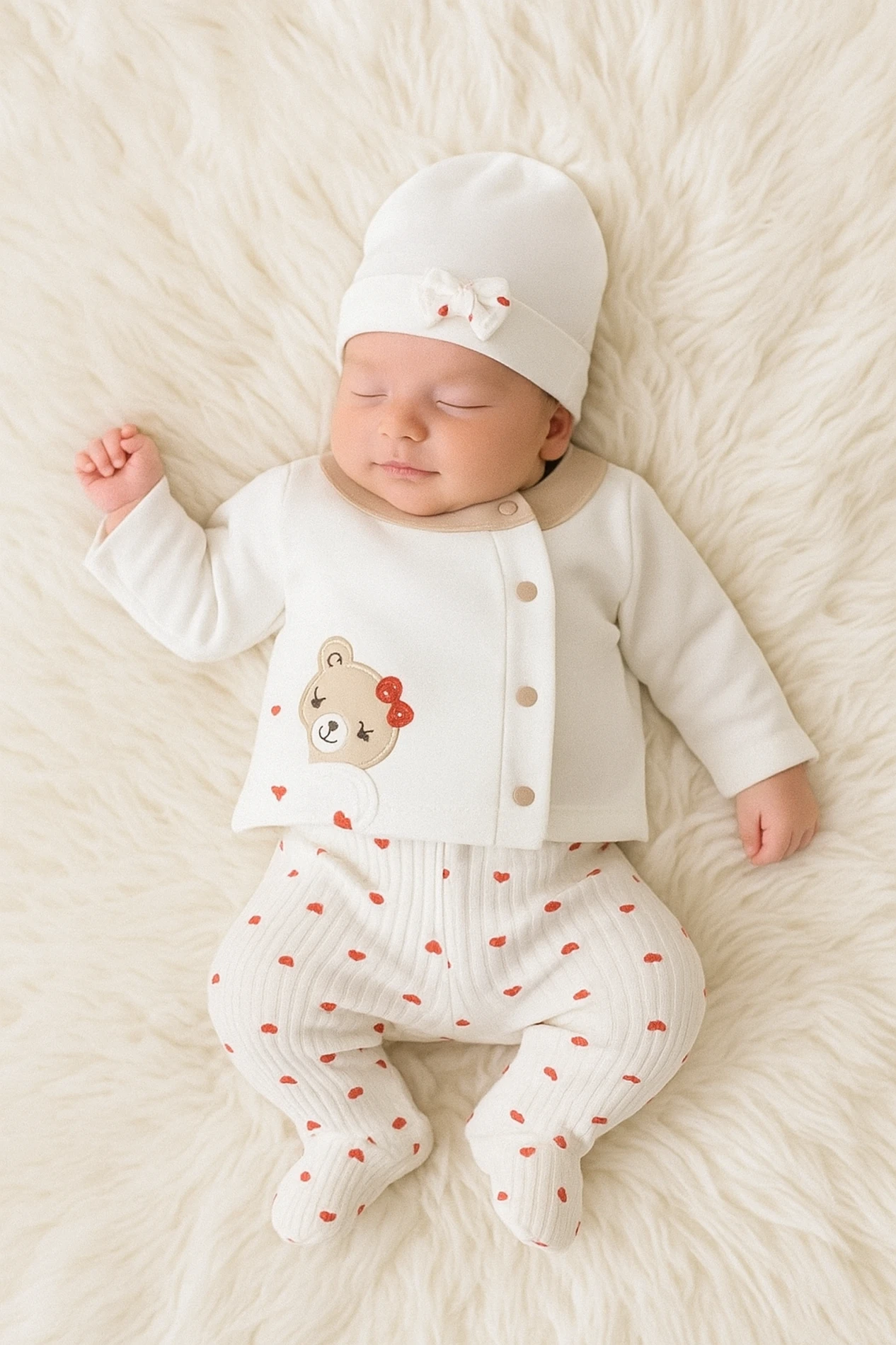 Kalp Desenli Teddy Bear 3 Parça Yenidoğan Hastane Çıkışı Seti