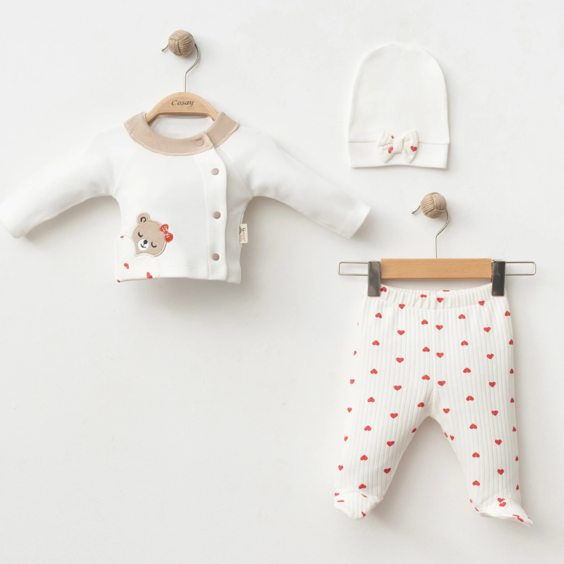Kalp Desenli Teddy Bear 3 Parça Yenidoğan Hastane Çıkışı Seti