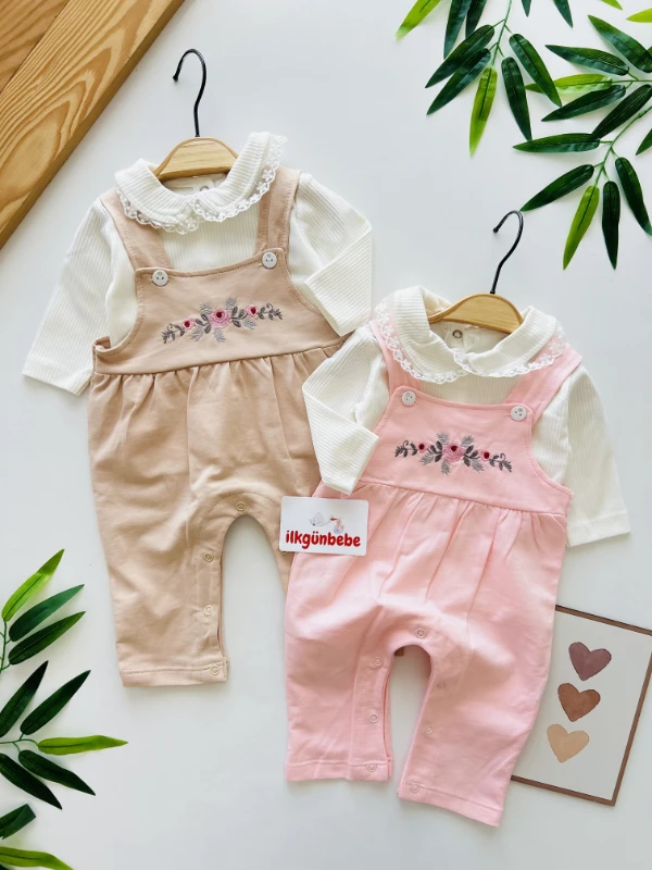 Çiçek Desenli Fisto Yaka Badi & Salopet Set