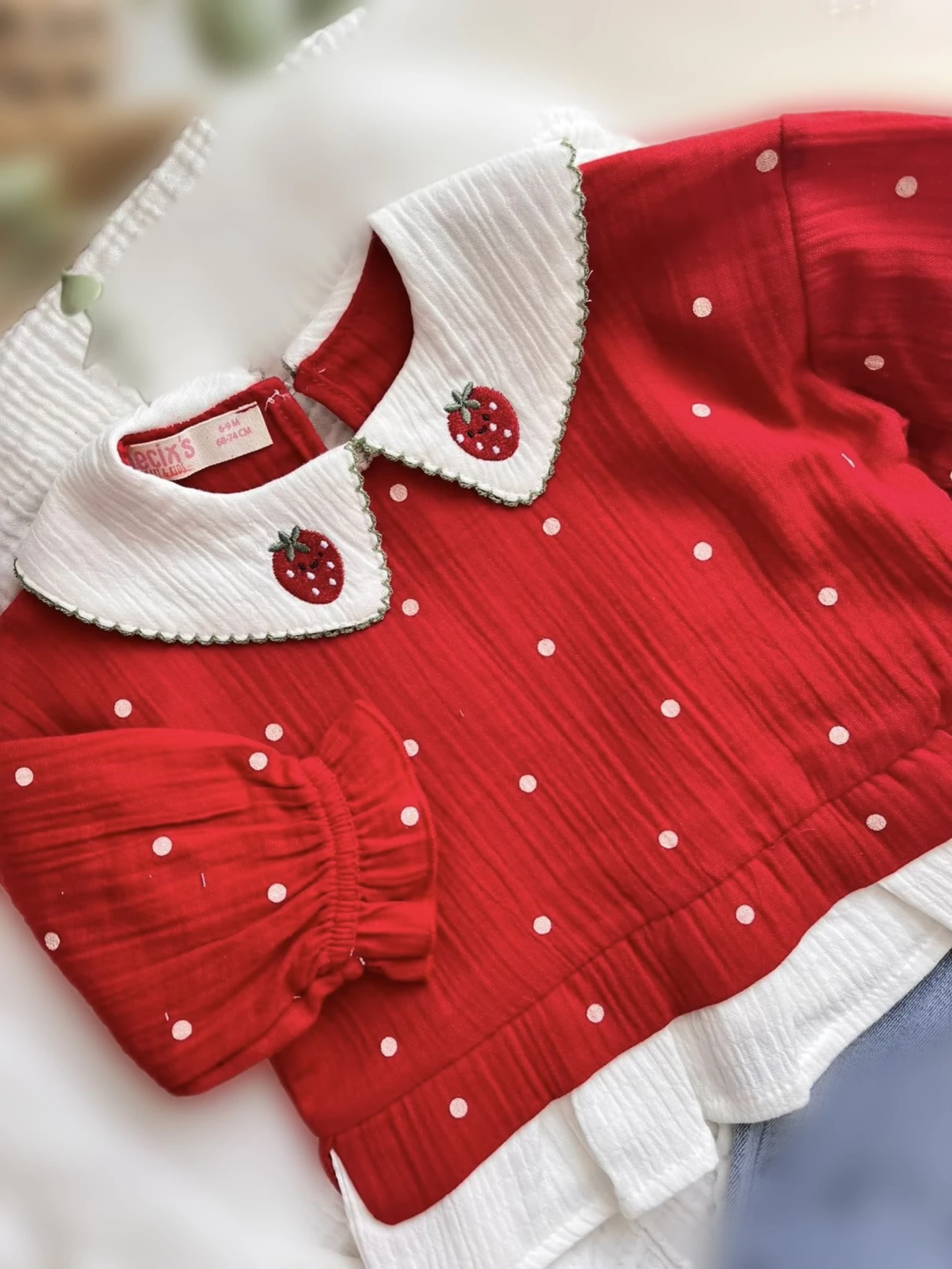 Çilek Yakalı Müslin Kumaş Sweatli Kot Pantalonlu Premium Kalite Takım