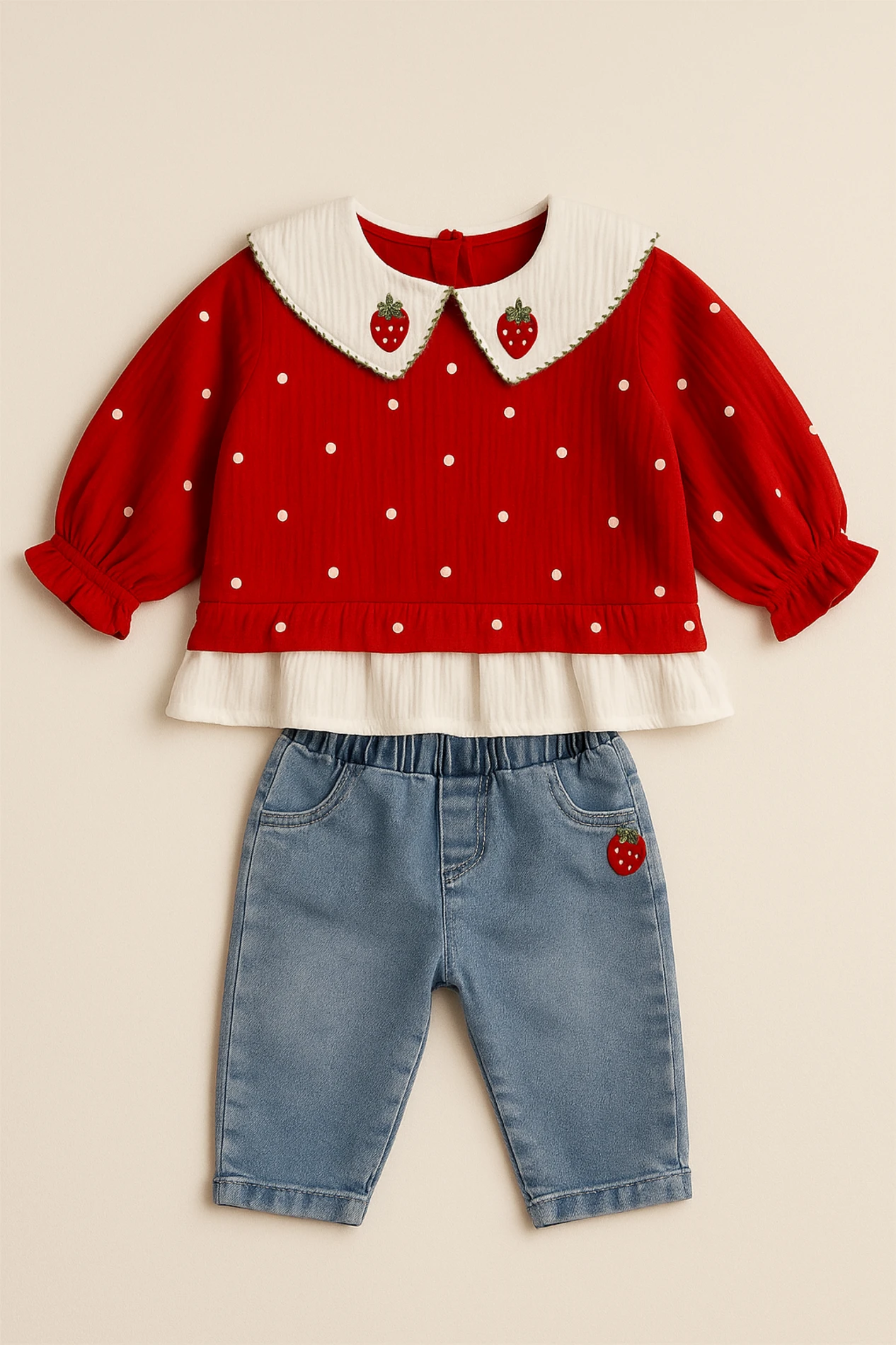 Çilek Yakalı Müslin Kumaş Sweatli Kot Pantalonlu Premium Kalite Takım